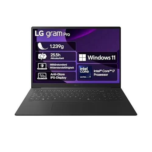 LG gram 16 Zoll Notebook mit Intel 7 - Leistungsstarker 16 Zoll Laptop mit 16GB RAM und 1TB SSD, ideal für KI-Anwendungen. Robust, leicht und mit Dolby Atmos für erstklassigen Sound.
