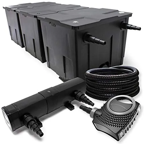 Wiltec Komplettset: CBF-350C Teichfilter bis 90000 L Teichfilteranlage als Durchlauffilter, NEO10000 SuperECO Teichpumpe 10000l/h 80W, CUV-218 Teichklärer UVC Klärer mit 18W, 25m Teichschlauch 25 mm