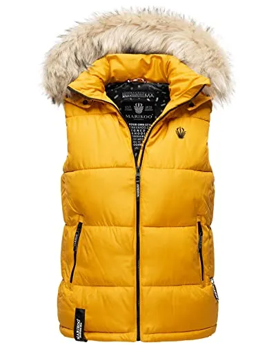 MARIKOO Damen Winter Weste mit Kapuze und Fellkragen B896 - Funktionsjacken: Bequeme Steppweste mit trendigem Design, großen Fellkragen und praktischen Taschen für optimale Funktionalität.