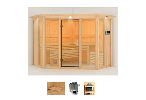 Karibu Sauna Astrid 2 mit 9-kW-Ofen - Innensauna mit 68 mm Wandstärke, perfekt für entspannende Saunagänge und gesundheitliche Vorteile wie Muskelentspannung und Hautreinigung.