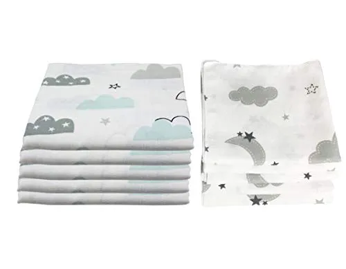 10x Spucktücher Mullwindeln Baby Baumwolle 80x70 cm | ÖKO-TEX geprüft in Wolken-Design - Vielseitige Mulltücher für Eltern: Ideal als Spucktuch, Sichtschutz oder Wickelunterlage. Aus 100% Baumwolle, schadstofffrei und extrem saugfähig. Pflegeleicht, bei 60°C waschbar und wird mit jedem Waschgang weicher.
