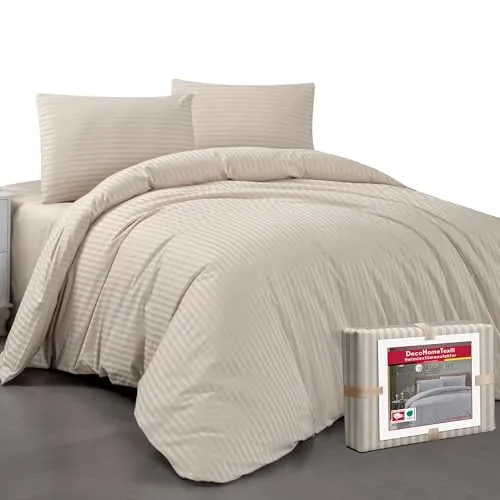 DecoHomeTextil Bettwäsche Set Bettgarnitur mit Reißverschluss Polycotton Streifen Taupe 1x Bettbezug 200 x 220 cm + 2X Kissenbezüge 80 x 80 cm