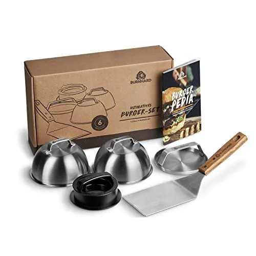 BURNHARD Burgerpresse Burger-Set (6 St) - Burgerpressen-Set aus Edelstahl und Kunststoff, inklusive Wender, Smasher, 2 Melting Domes & Rezeptheft - perfekt für Grillliebhaber und als Geschenk für Männer.