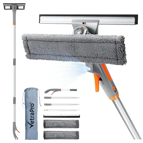 VetraPro Professioneller Fensterwischer – 4-in-1 Fensterreiniger mit Teleskopstiel 25 bis 225 cm und Sprühflasche für Glasreiniger – Glasreiniger für eine perfekte Reinigung, Mehrzweck-Set