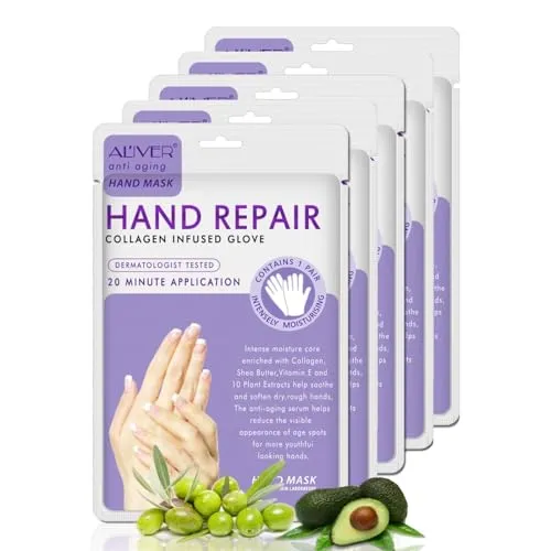 P-Beauty Handmaske 5 Paar Lavendel | Feuchtigkeitshandschuhe | Kollagen und Vitaminreiche Handmaske für rissige, trockene, raue Hände | Handcreme & Pflegecreme | Anti-Aging | Peelinghandmaske