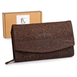 Blue Burry Damen Geldbörse Echtleder Dunkelbraun mit Floralprägung