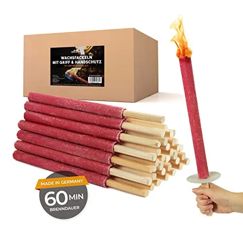 Bolson Wachsfackeln 60 Min (10 Stück) Gartenfackel aus Wachs mit Handschutz & Griff für Kinder & Erwachsene - in Deutschland hergestellte Fackel für Draußen - ideal f. Fackelwanderung, Garten, Outdoor