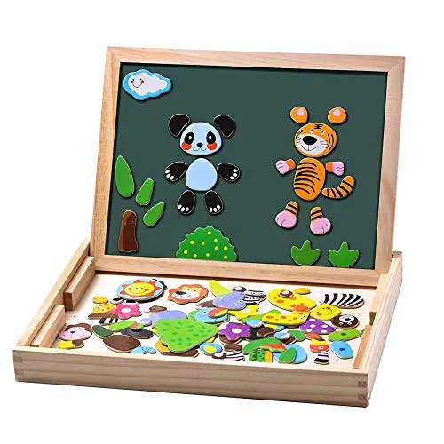 Uping Magnetisches Holzpuzzle 100 Stück, Doppelseitige Magnettafel, Zeichenbrett Farbstifte Kreiden, Wald and Tier Puzzles Spielzeug für ab 3 Jahre