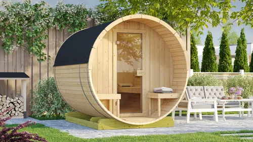 Weka Fasssauna FS 198 Kompakt 9 kW - Entspannen im eigenen Garten - Massivholzsauna mit 9 kW Leistung, ideal für entspannende Wellnessmomente im Freien und platzsparendes Design.