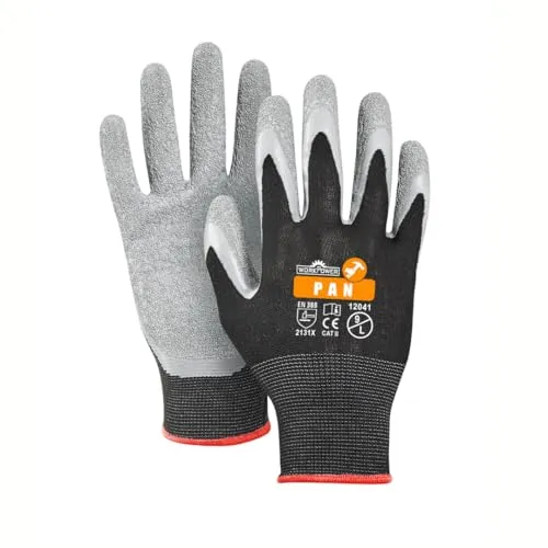 WORKPOWER– Arbeitshandschuhe Pan für Herren – rutschfeste Handschuhe mit Latexbeschichtung – verfügbar in den Größen 10 (Schwarz/Grau)