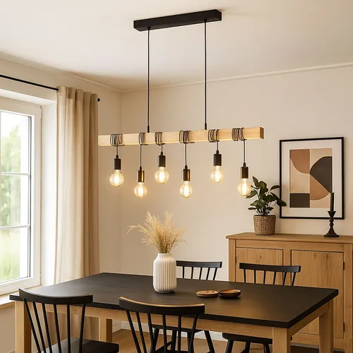 LED Hängelampe 6-flammig - Höhenverstellbare Esstischleuchte aus Holz und Stahl - Lampen - Stilvolle Pendellampe in Eicheoptik mit 6x320lm warmweißem Licht, ideal für Esszimmer und Küchen. Höhenverstellbar für flexible Raumgestaltung.