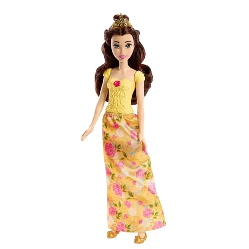 Disney Mattel Princess HLX31 Belle - Puppe mit typischem Outfit, abnehmbaren Schuhen und Diadem, Abnehmbarer Rock mit Blumenmuster, Lange Haare zum Frisieren