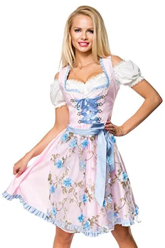 Dirndline Damen Dirndl mit Blumenschürze - Elegantes Dirndl für besondere Anlässe, rosa/blau, mit herzförmigem Ausschnitt und verspielten Rüschen für einen femininen Look.