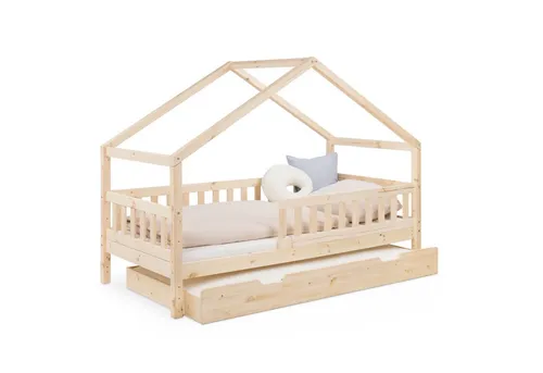 Ehrenkind Hausbett Panorama Lille - Nachhaltiges Kiefernholz-Hausbett mit höhenverstellbarem Dachgiebel und zwei praktischen Schubladen für optimalen Stauraum – ideal für moderne Kinderzimmer.