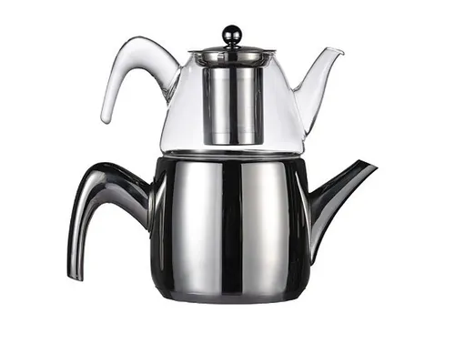 Doppel-Edelstahl-Glas Teekanne 1500/ 900ml Induktion geeignet