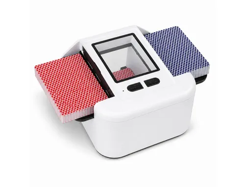 Tekoo Elektrische Kartenmischmaschine für 2 Decks – Leise & Automatisch - Perfekt für Poker, UNO und mehr! Mischmaschine für 2 Kartendecks, ideal für gesellige Spieleabende. Kompakt und energieeffizient, für drinnen und draußen.