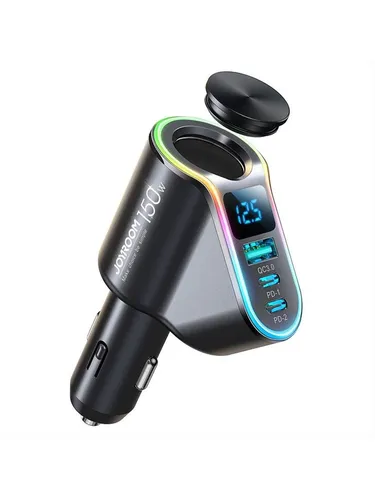 Joyroom 4in1 150W Kfz-Ladegerät USB-A QC3.0 / 2xUSB-C Schwarz - Kfz-Ladegerät mit 150W Leistung, ideal für schnelles Laden von mehreren Geräten gleichzeitig auf Reisen.