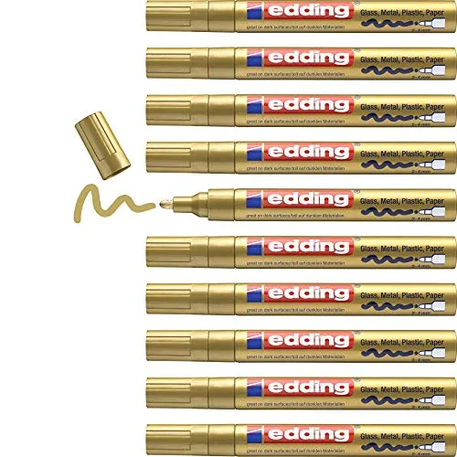 edding 750 Glanzlackmarker - Gold, 10er Set - Marker & Filzstifte – Ideal zum Zeichnen und Dekorieren auf Glas, Holz und mehr; wasserfest und stark deckend für langlebige Ergebnisse.