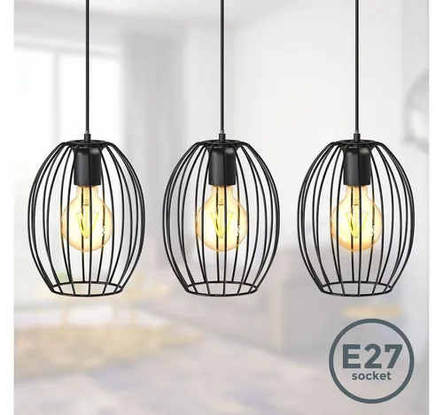 B.K.Licht 3-flammige Draht-Pendelleuchte - Hängeleuchte im Vintage-Design mit schwarzen Metallkörben, ideal für Wohnzimmer oder Esszimmer. Maße: 700x175x1120 mm, ohne Leuchtmittel. Perfekt für E27 Leuchtmittel, um den Retro-Look zu unterstreichen.