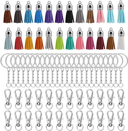 Naler 72-teilig Troddel Schlüsselanhänger Basteln Set Bunt Quaste Anhänger Karabinerhaken Drehverschlüsse Schlüsselringe mit Ketten