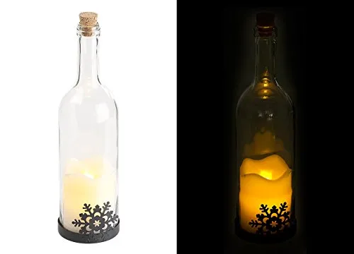 Lunartec Flaschen Dekorieren: Deko-Glasflasche mit LED-Kerze, bewegliche Flamme, Schneeflocken-Motiv (Flaschen weihnachtlich Dekorieren, Deko, Flaschendeko Weihnachten)
