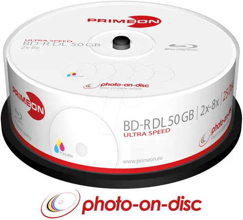 PRIM 2761319 - BD-R DL 50GB 8x, 25-er Cakebox - Rohlinge mit matte ''photo-on-disc'' Premium-Beschichtung, ideal für professionelle Bedruckung und schnelle Datenaufzeichnung mit 10x ULTRA SPEED, perfekt für HD-Filme und System-Backups.