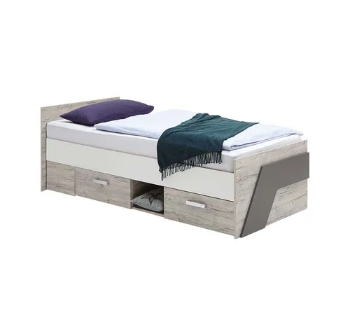 Lomadox Jugendbett LEEDS-10 - Stylisches Jugendbett in Sandeiche Nb. und Lava, mit 2 Schubkästen und offenem Ablagefach. Ideal für kreative Zimmergestaltungen und optimalen Stauraum.