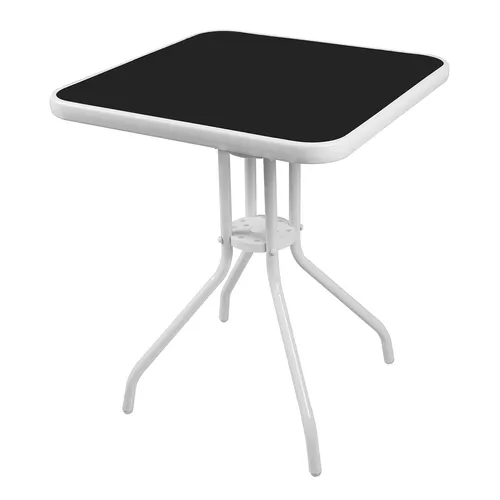 Bistrotisch 60x70 cm aus Glas und Metall in Weiß - Tisch für Innen- und Außenbereich, wetterfest und pflegeleicht, ideal für gemütliche Balkone oder Terrassen, bietet Platz für bis zu 4 Personen.