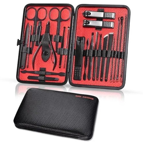 Maniküre Set Nagelset 23-teiliges Pediküre Set Nagelknipser Edelstahl Tragbarer Nagelschere Set mit PU Ledertasche Nagelpflegeset Professionelle Rundum Hand Fußpflege Kit für Damen Herren, Schwarz Rot