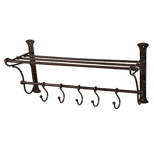 Ambiente Haus 95264 Eisen Garderobe-Regal mit Haken 54 cm - Rustikales Wandgarderoben-Regal aus stabilen Rundeisen, mit 5 Haken und praktischen Regalböden für zusätzlichen Stauraum. Ideal für Eingangsbereiche!