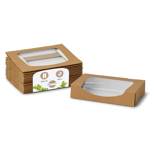 BIOZOYG Bio Karton-Schachteln mit Sichtfenster I Take-Away-Boxen mit großem Fenster aus Zellulose - nassfest auslaufsicher kompostierbar I 400 St. Patisserieschachteln I Gebäckschachtel 900ml