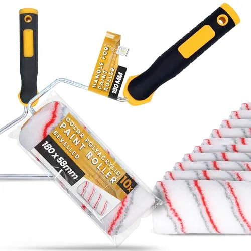 10x Instalguru Malerrolle Farbroller 18 cm 8x58 mm Polyacryl Streichrolle Malerwalze Farbwalze Lackroller Ersatzrolle mit 1x Griff Streichen Malen Renovierung für Farbe Lackier