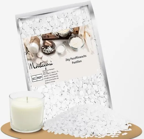Montegoni reines Paraffinwachs für Kerzen 2kg, Deutsche Qualität Kerzenwachs zum gießen, Wachs für Kerzen, Wachsgranulat Wachspastillenen
