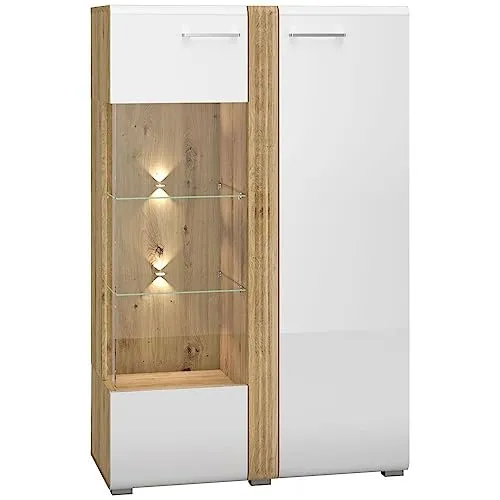 Lomadox Highboard Vitrine Eiche Castello Nb. mit Hochglanz Weiß