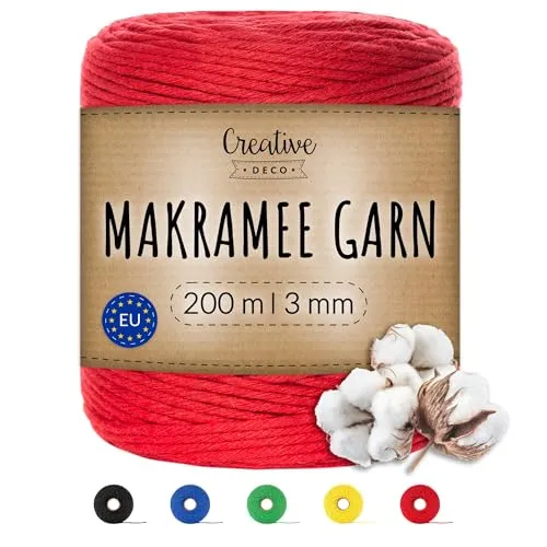 Creative Deco 200m Rot Makramee Garn 3mm | 656 Fuß | 15-lagig Schnur | Baumwollgarn Baumwoll Kordel Große Rolle Naturliche Stark | Macrame Cord 3mm für Basteln, DIY, Handwerk & Boho Deko