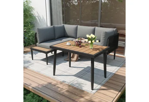 MERAX Gartenlounge-Set 3-tlg - Stilvolle Essgruppe für den Garten - Gartenmöbel-Set aus verzinktem Stahl und handgeflochtenem Seil, ideal für entspannte Stunden im Freien. UV-beständig und wetterfest – perfekt für Terrasse und Balkon!