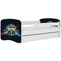 Raumhirsch Kinderbett Ethnie, 80x180 cm - Modernes Kinderbett in Weiß mit abnehmbarer Schutzschiene und praktischer Schublade für Stauraum. Inklusive Lattenrost und waschbarer Matratze für maximalen Komfort und Sicherheit.