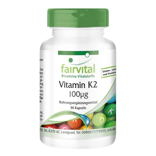 Fairvital | Vitamin K2 MK7-90 Kapseln - HOCHDOSIERT - 100µg pro Kapsel - Menaquinon MK-7 - natürlich & fermentiert aus Natto - VEGAN