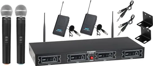 McGrey UHF-2V2I Quad Funkmikrofonset - 4-Kanal UHF-Funkmikrofon-Set mit 2 Handmikrofonen und 2 Lavaliermikrofonen, ideal für Sprach- und Gesangseinsätze, Reichweite 50m und 8 Stunden Betriebsdauer.