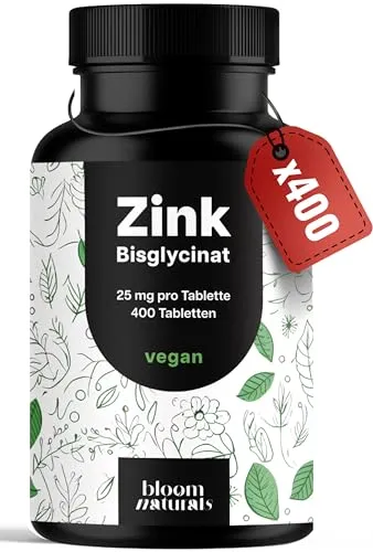 Zink Tabletten hochdosiert 25mg - 400 Tabletten hochdosiert mit Zink-Bisglycinat - Vegan und produziert in Deutschland - Laborgeprüft - Verpackung kann variieren