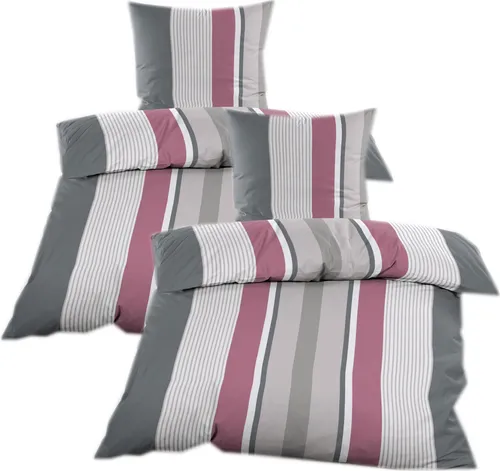 Renforce Bettwäsche 135 x 200 cm - Grau Anthrazit Beere gestreift - Hochwertige Renforce Bettwäsche aus 60% Baumwolle, temperaturausgleichend und angenehm glatt. 2-teilig oder 4-teilig, waschbar bis 60°C und trocknergeeignet - ideal für erholsame Nächte.