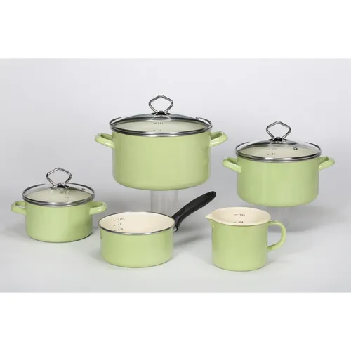 Emaille-Topfset JUIST 5tlg. - Kochtöpfe im nostalgischen Design, 5-teiliges Emailleset in Pastellgrün mit Glasdeckel und praktischer Literskala – ideal für stilvolles Kochen.