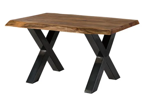 Baumkantentisch Sheesham 140x90x77 natur gebeizt X-Beine anthrazit Holz massiv