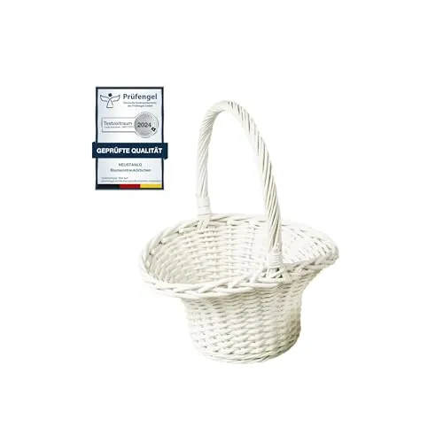 Neustanlo | Blumenstreukörbchen groß weiß lackiert | Höhe: ca. 12/28 cm | Größe: ca. 23 x 19 cm | Blumenkinderkorb Streukorb Streukörbchen Korb Weidenkorb geflochten