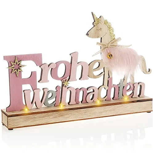 com-four® LED Deko Aufsteller aus Holz - beleuchteter Schriftzug auf Holzsockel - Deko-Schriftzug zum Hinstellen für Weihnachten - Stimmungslicht mit Timer (rosa + Einhorn)