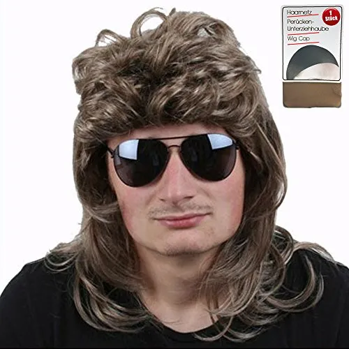 TE-Trend Vokuhila Perücke mit Unterziehhaube dunkelbond - Männerperücke 80er Look Mottoparty - Faschingsperücke - Mullet Haarteil als ultimatives Party-Highlight - Herrenperücke 80er Jahre Stil