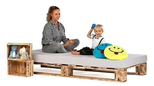 Lermowood Palettenbett M1 aus Holz 100 x 200 cm Geflammt mit Lattenrost Holzbett 20cm Stabiles Seniorenbett Kinderbett Jugendbett Gästebett erhöhtes Einzelbett Bettgestell Futonbett Komforthöhe