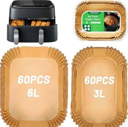 TopEsct Heißluftfritteuse Backpapier für Philips Airfryer Dual Basket 3000/5000 Series (6L/3L), 120Stück Heißluftfritteuse Zubehör für Tefal 5,2/3,1 L Dual Easy Fry, Cookwise 2 Kammern
