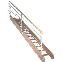 Treppe Mykonos Eiche Gerade mit Edelstahl-Geländer - Moderne Treppe Mykonos aus hochwertigem Eichenholz für den Innenbereich. Mit offenem Stufenaufbau und stabilem Edelstahl-Geländer, ideal für individuelle Anpassungen und einfache Montage.