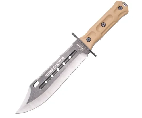 Survivalmesser CONSTRICTOR mit Stonewashed Stahlklinge - Taktisches Survivalmesser CONSTRICTOR mit langlebiger Stonewashed Stahlklinge und gummiertem Griff. Ideal für Outdoor-Aktivitäten und robusten Einsatz. Inklusive Nylonscheide und Schleifstein.